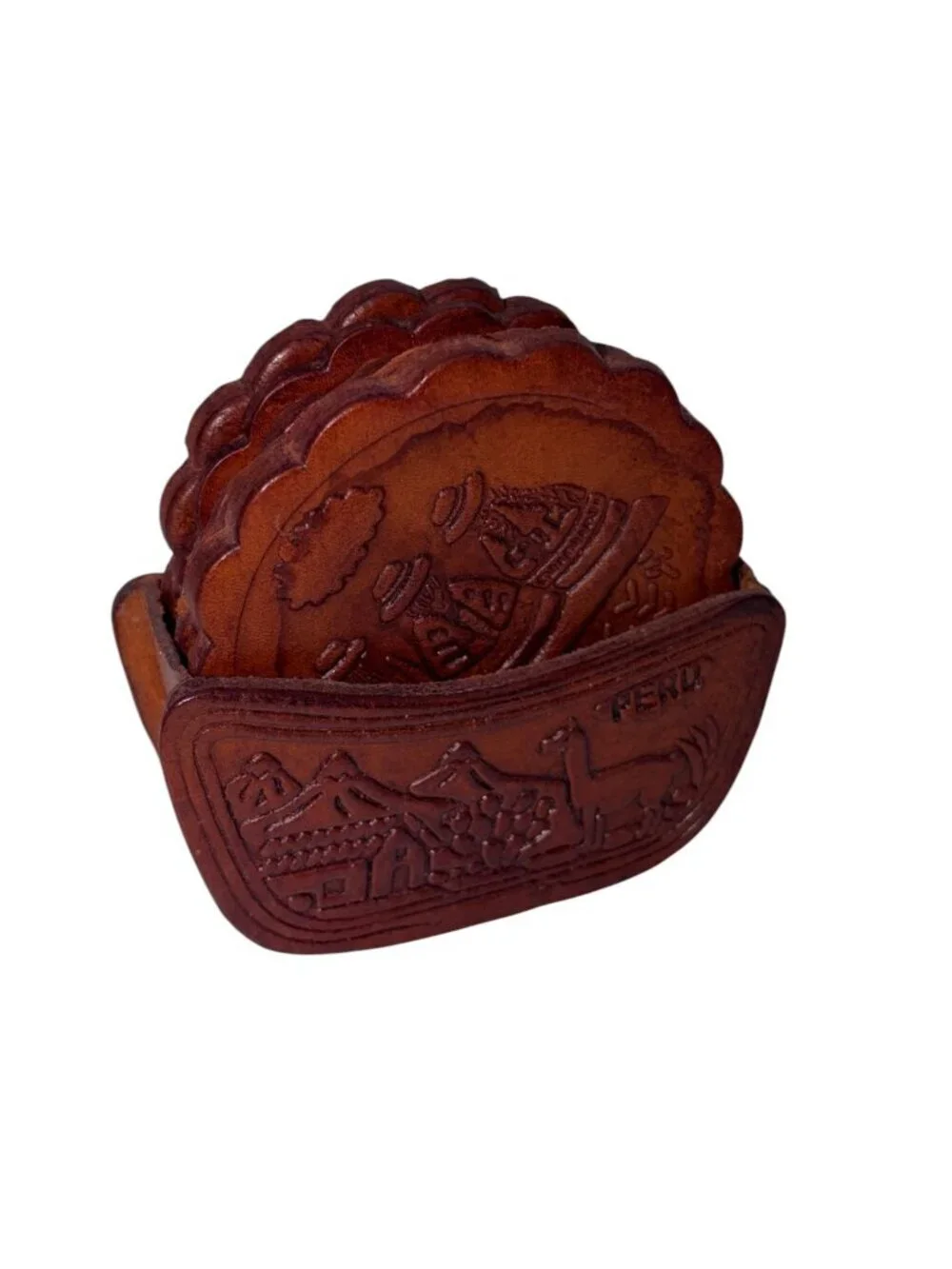 Vintage Peruvian Tooled Leather Coaster Set w/ Holder – Set of 6 Brown Stamped